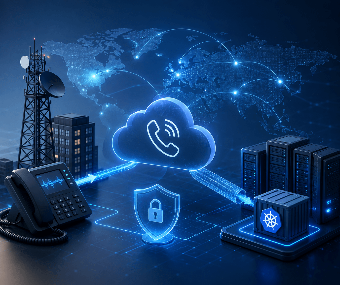 A carrier tower and desk phone connecting through an encrypted VoIP cloud to Kubernetes-hosted servers